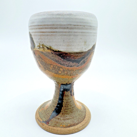 Studio Art Pottery Goblet Chalice Cup Textured Brown Gray Stoneware Signed #3 - Picture 4 of 9